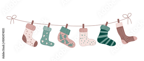 Christmas sock on laundry rope with clothespin cartoon illustration. Cute xmas stocking with wool cloth hanging on clothesline. Winter fabric drying. Cozy holiday ornament on cotton handdrawn design.
