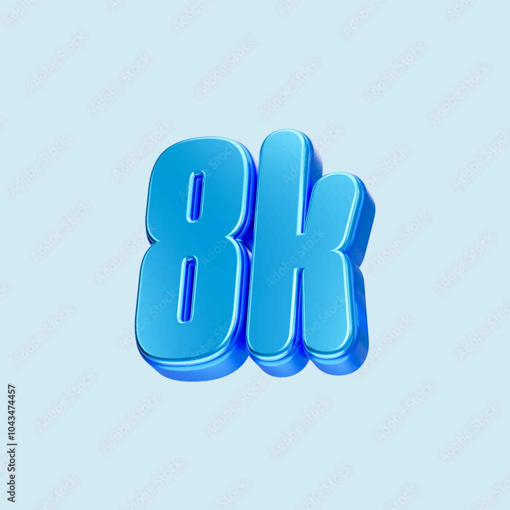 Blue metallic number. 8K Bright blue 3D Render. Isolated on white background.