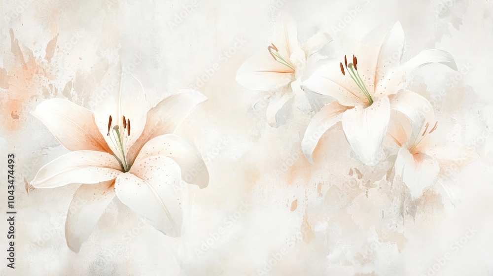Soft white lilies blending into a subtly distressed wallpaper background for interiors Soft white lilies blending into a subtly distressed wallpaper background for interiors