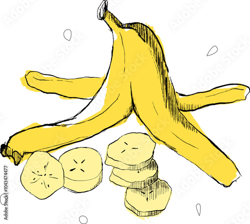 Banana graphic composition vector with banana skin and slices for serving vector illustration
