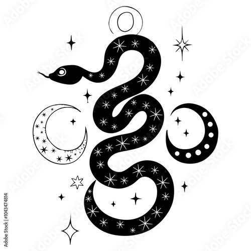 black snake with mystical magic objects moon and stars Spiritual occultism symbols