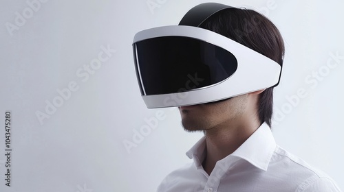 A person wearing a modern virtual reality headset, immersed in a digital experience against a minimalist background. photo