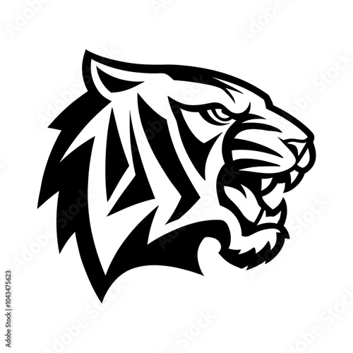 Fierce tiger face in black-and-white stencil style on a dark, textured background, creating a powerful and bold illustration with a wild, untamed atmosphere.