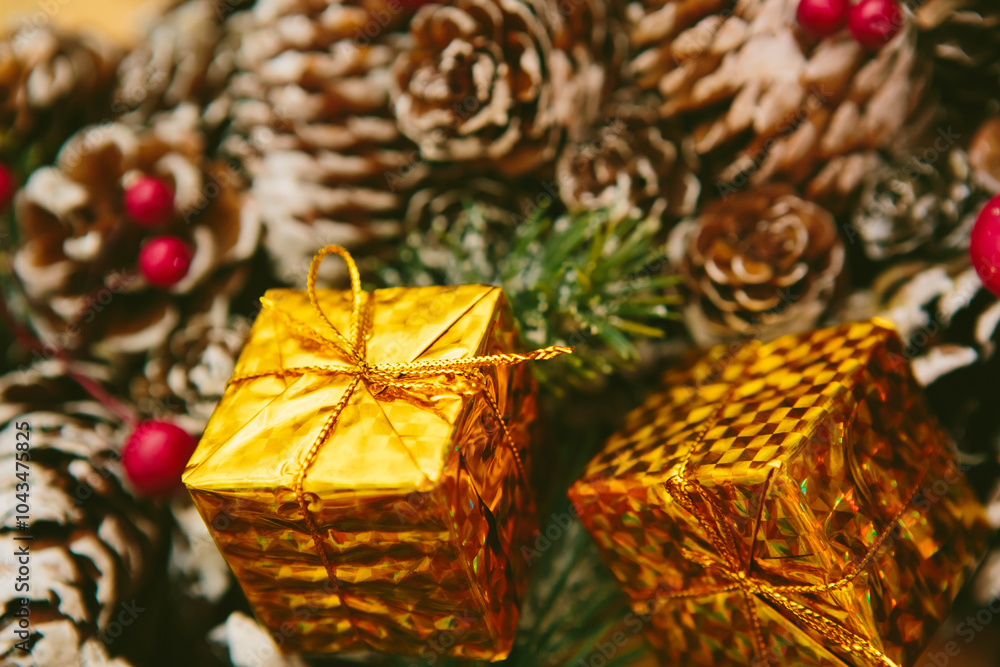 Two small golden gift boxes stacked, set against a blurred background of a festive Christmas wreath. Two small golden gift boxes stacked, set against a blurred background of a festive Christmas wreath.