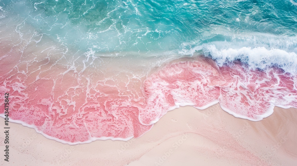 Fototapeta premium Waves gently lapping at the pink sandy beach under a bright sky, creating a picturesque seaside view in a tropical paradise