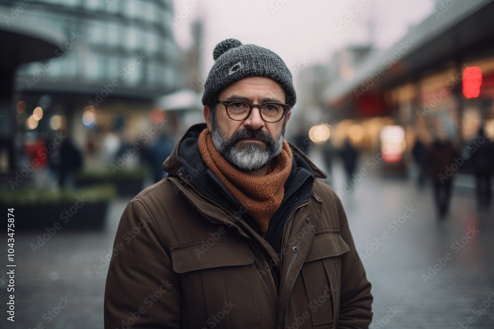 Portrait of a bearded middle-aged man wearing glasses and a knitted hat in a city street. Portrait of a bearded middle-aged man wearing glasses and a knitted hat in a city street.