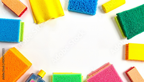 Overhead view of colorful cleaning sponges and tools arranged in a circular layout