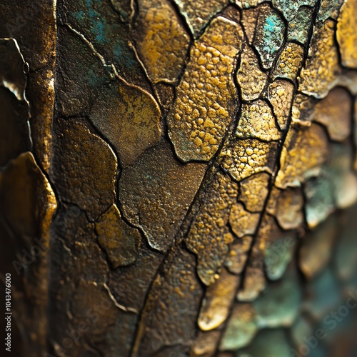 Close-up of textured abstract pattern in earthy tones, resembling cracked surface, highlighting intricate details and color variations. photo