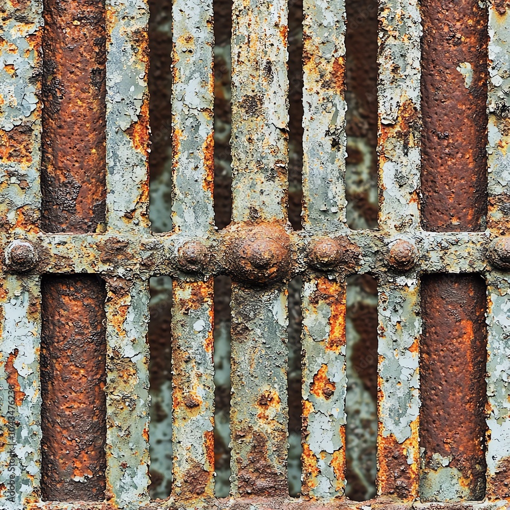 Close-up of rusted metal bars with peeling paint, textured surface. Close-up of rusted metal bars with peeling paint, textured surface.