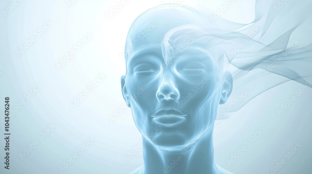 A serene, translucent silhouette of a head with ethereal wisps, representing thoughts, ideas, and creativity in a dreamy atmosphere. A serene, translucent silhouette of a head with ethereal wisps, representing thoughts, ideas, and creativity in a dreamy atmosphere.