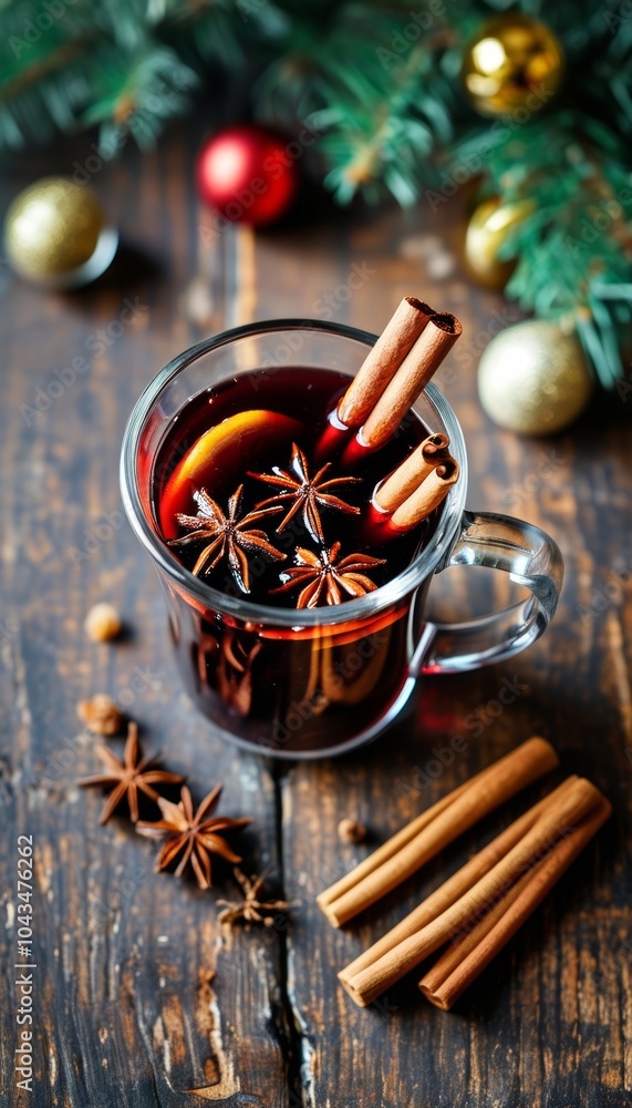 A glass mug filled with mulled wine infused with cinnamon sticks, star anise, and orange slices, set against a festive backdrop of Christmas lights and pine branches. A glass mug filled with mulled wine infused with cinnamon sticks, star anise, and orange slices, set against a festive backdrop of Christmas lights and pine branches.