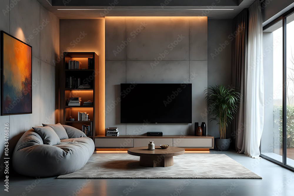 Fototapeta premium Modern interior design, cozy living space in loft style with grunge elements - generative AI