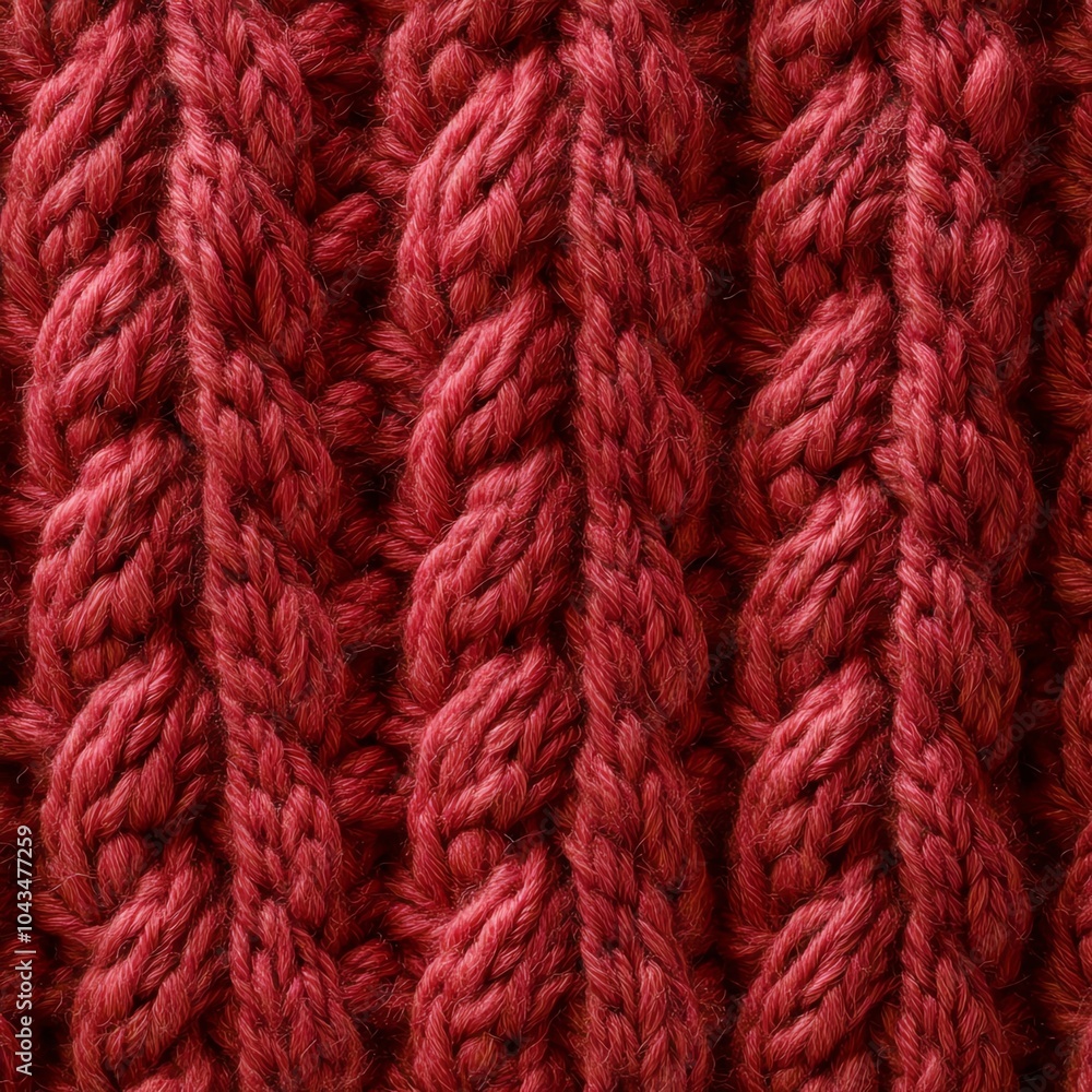 Close-up of red knitted wool texture, showcasing detailed interwoven yarn patterns. Close-up of red knitted wool texture, showcasing detailed interwoven yarn patterns.