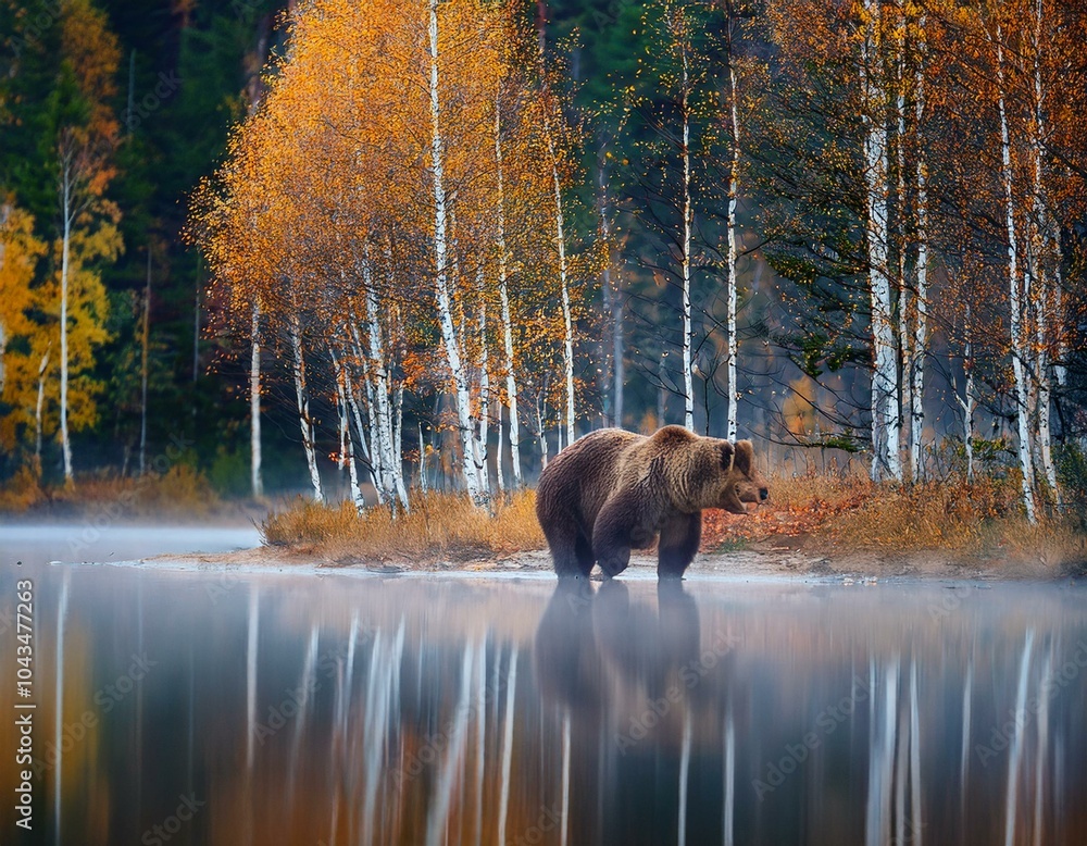 Bear walk in orange red forest. Autumn trees with bear. Beautiful brown bear walking around lake with fall colours. Dangerous animal in the wood. Bear walk in orange red forest. Autumn trees with bear. Beautiful brown bear walking around lake with fall colours. Dangerous animal in the wood.