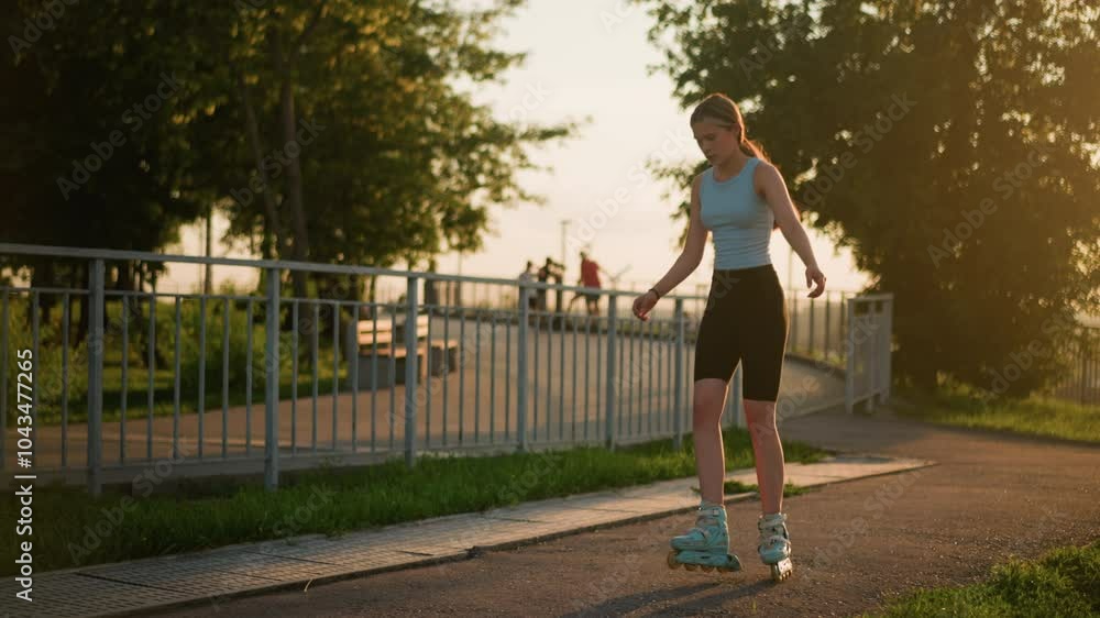 Young lady roller skating outdoors along pathway lined with iron railing, maintaining balance as she moves under sunset glow, with cityscape visible in blurred background and other people in distance Young lady roller skating outdoors along pathway lined with iron railing, maintaining balance as she moves under sunset glow, with cityscape visible in blurred background and other people in distance