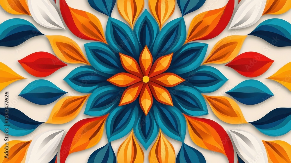 Fototapeta premium A vibrant mandala design showcasing intricate floral patterns in blue, orange, red, and white hues, creating an eye-catching visual harmony.