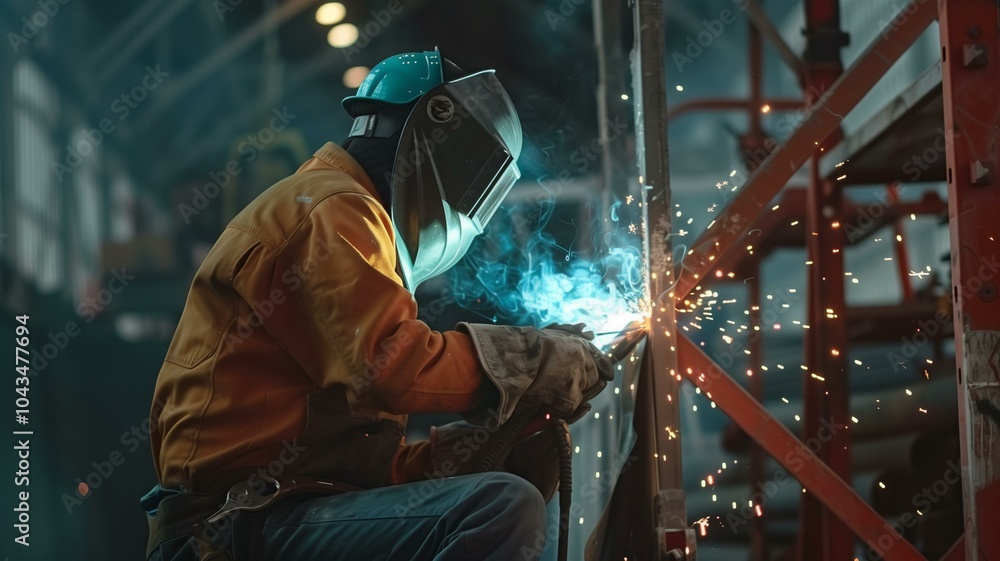 A skilled welder working on a metal structure, surrounded by bright sparks
A skilled welder working on a metal structure, surrounded by bright sparks