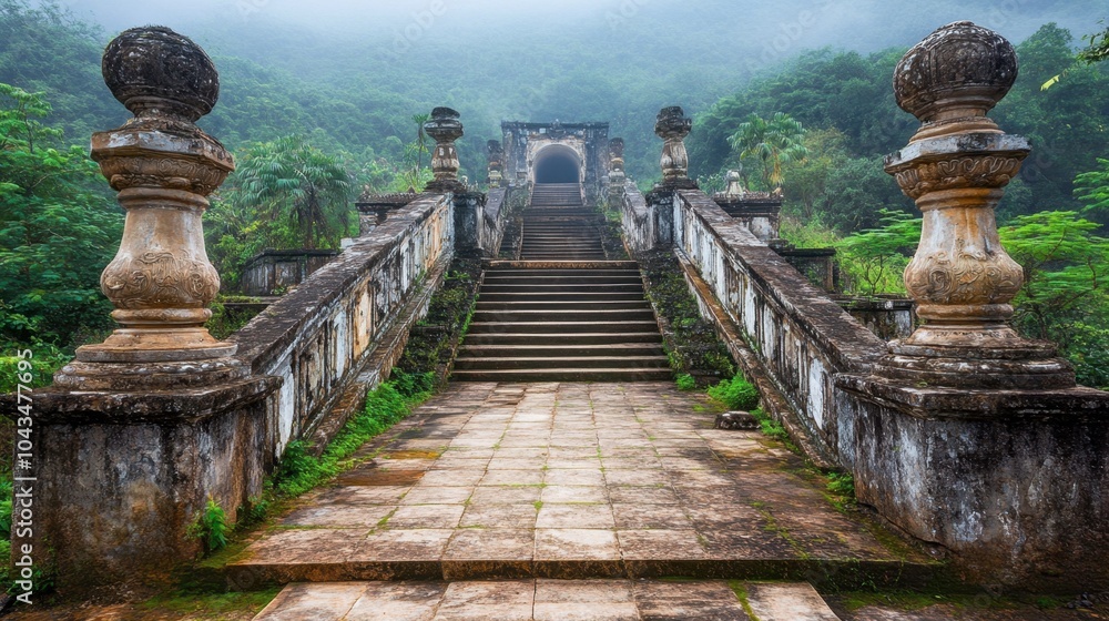Obraz premium Ancient Steps Leading to Mysterious Foggy Temple