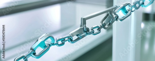 Close-up of a shiny metallic chain link with a padlock, symbolizing security, strength, and connection in a contemporary setting. photo