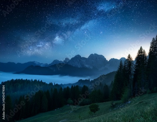 Milky way near hut Sinanitsa, Pirin mountain, Bulgaria photo