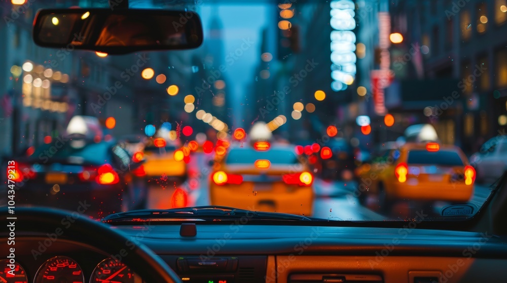 A busy rainy evening in the city with yellow taxis and vibrant street lights illuminating the roads A busy rainy evening in the city with yellow taxis and vibrant street lights illuminating the roads