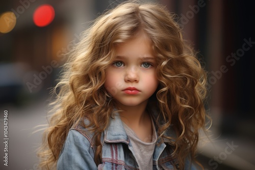 Portrait of a cute little girl with long curly hair on the street