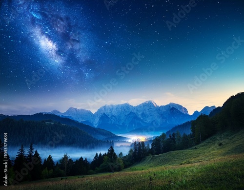 Milky Way over Alpe di Siusi (also known as Seiser Alm) in Dolomites mountain, Sudtirol, Italy. Focus on mountain ridge. photo