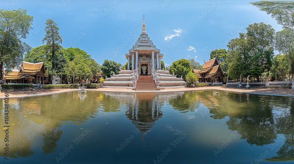 Serene Temple Reflections in a Lush Landscape Serene Temple Reflections in a Lush Landscape