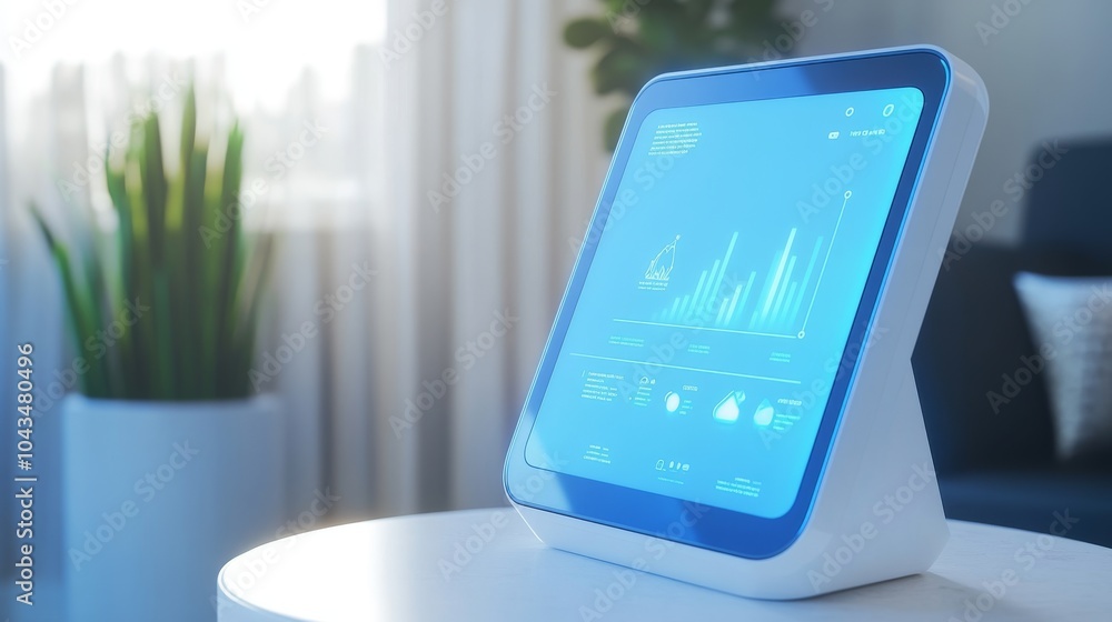 Modern smart device displaying data analytics in a bright, stylish interior setting. Ideal for technology and innovation themes. Modern smart device displaying data analytics in a bright, stylish interior setting. Ideal for technology and innovation themes.