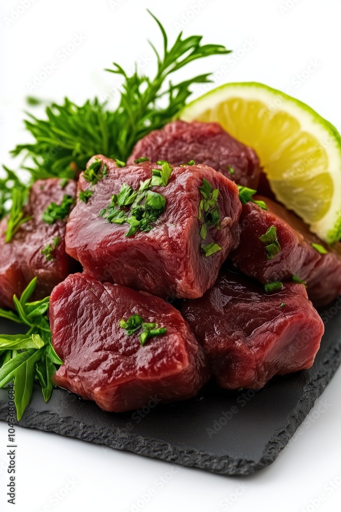 Freshly chopped meat garnished with herbs and lemon on a slate plate in a bright setting Freshly chopped meat garnished with herbs and lemon on a slate plate in a bright setting