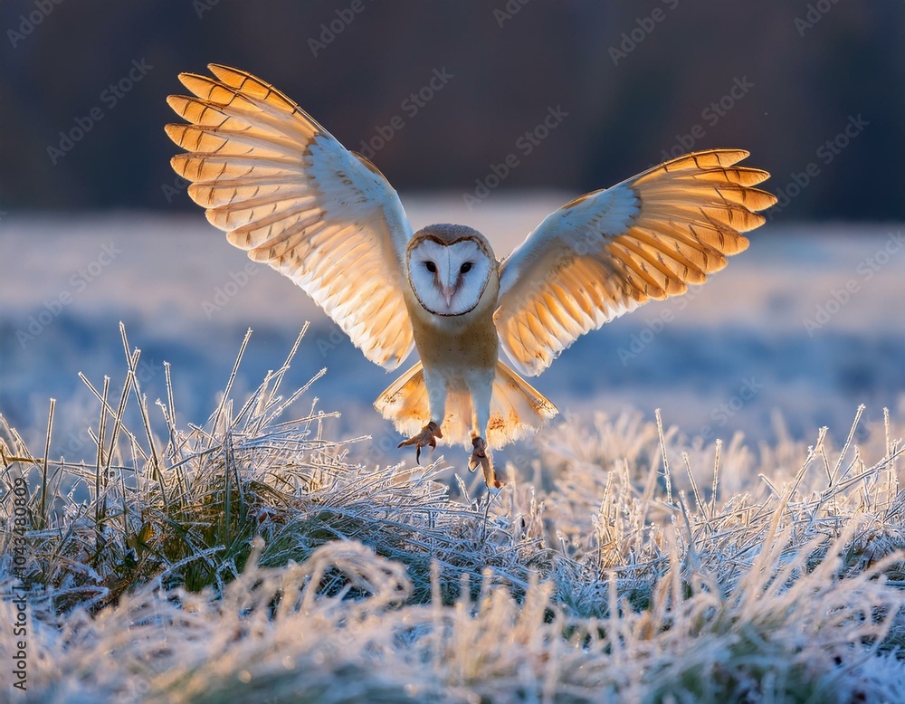 Fototapeta premium The Barn owl (Tyto alba) flies like an angel in a snowy and frosty winter meadow. Portrait of a owl in the nature habitat.