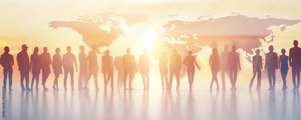 Silhouetted group of diverse individuals against a bright sunrise with a world map in the background, symbolizing unity and hope. Silhouetted group of diverse individuals against a bright sunrise with a world map in the background, symbolizing unity and hope.