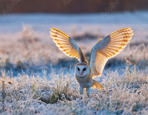 The Barn owl (Tyto alba) flies like an angel in a snowy and frosty winter meadow. Portrait of a owl in the nature habitat. photo