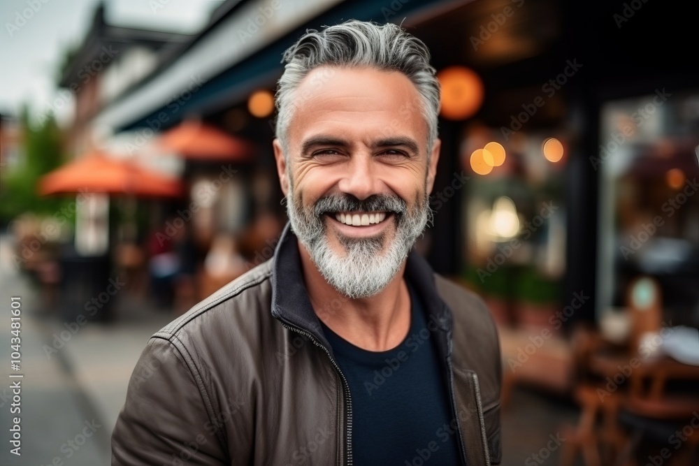 Portrait of a handsome middle-aged man with gray hair and beard smiling in the city Portrait of a handsome middle-aged man with gray hair and beard smiling in the city
