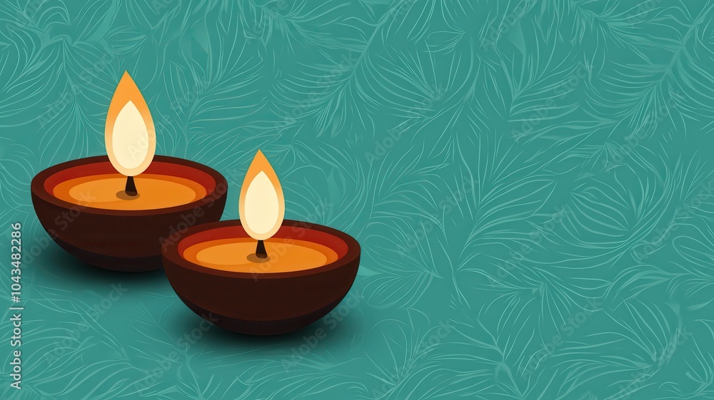 Two vibrant oil lamps with flames, set against a teal background, evoke a warm and festive ambiance, perfect for celebrations and spiritual rituals. Two vibrant oil lamps with flames, set against a teal background, evoke a warm and festive ambiance, perfect for celebrations and spiritual rituals.