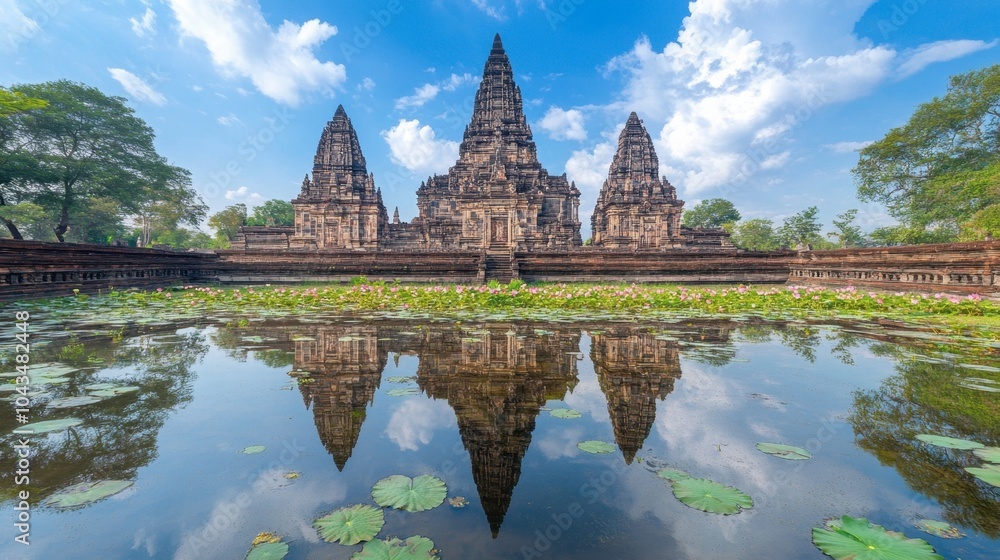 Fototapeta premium Serene Reflection of Ancient Temple Amidst Blue Sky