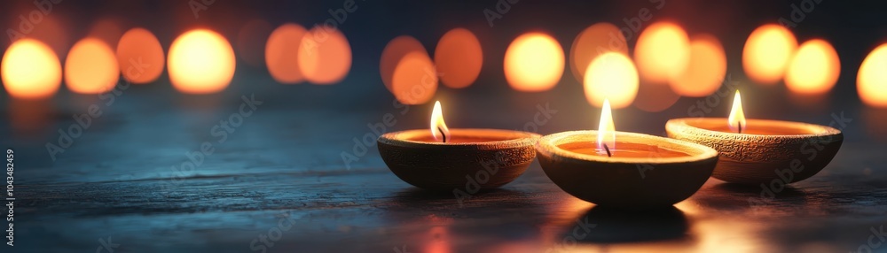 A serene image showcasing glowing candles in earthen pots, set against a backdrop of softly blurred, warm lights. A serene image showcasing glowing candles in earthen pots, set against a backdrop of softly blurred, warm lights.