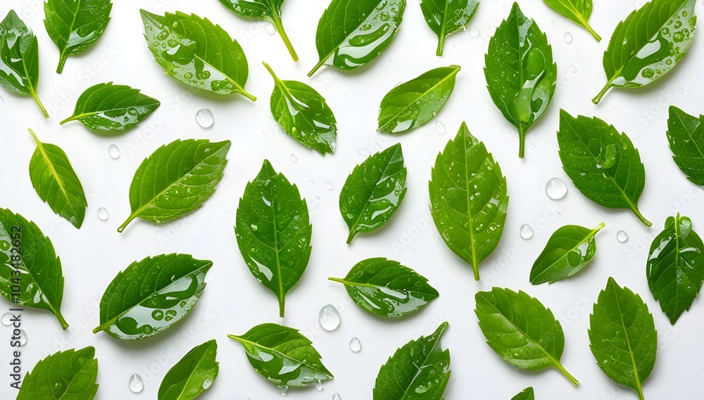 Fresh green tea leaves with dewdrops, isolated on white background, viewed from above. Perfect for natural beverages, wellness themes, and eco-friendly product photography. Fresh green tea leaves with dewdrops, isolated on white background, viewed from above. Perfect for natural beverages, wellness themes, and eco-friendly product photography.