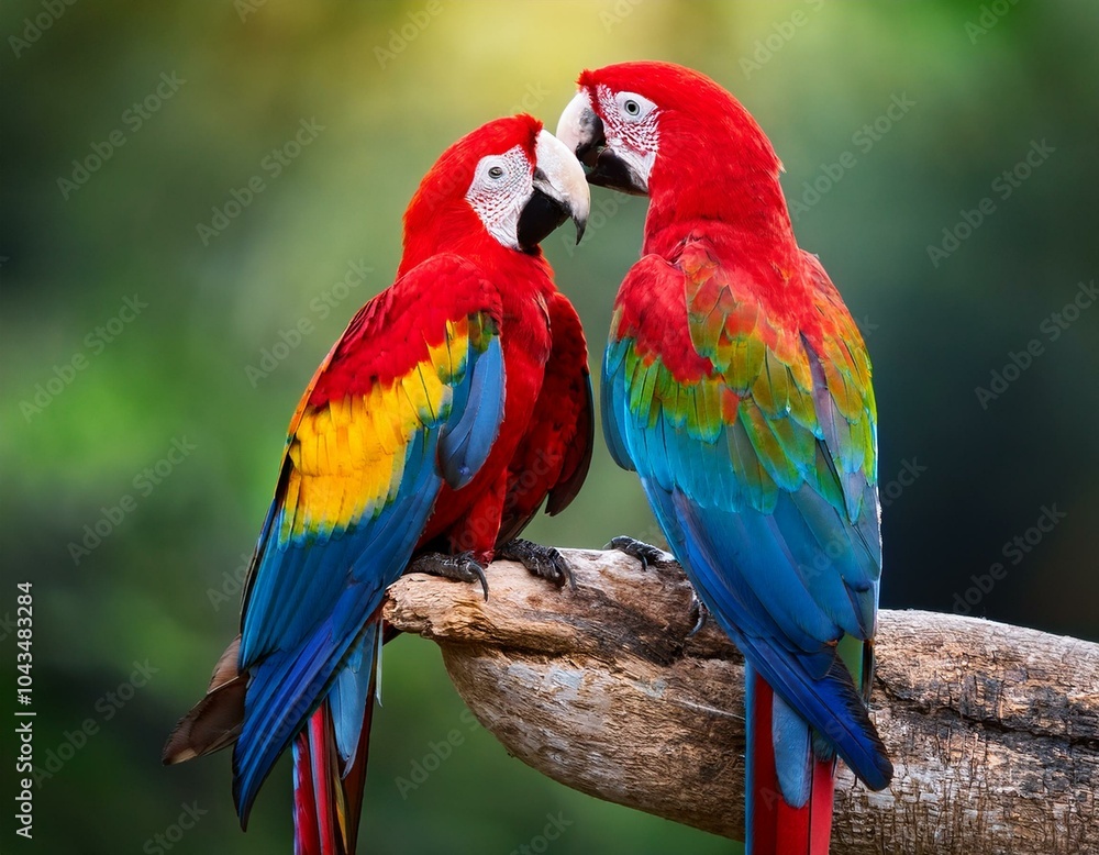 Fototapeta premium Colorful of Greenwinged Macaw aviary, sitting on the log