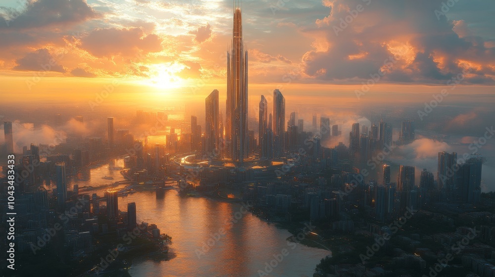 Naklejka premium The skyline showcases a towering skyscraper illuminated by sunset hues, surrounded by modern buildings, with a river flowing, reflecting the stunning colors of the sky and clouds.