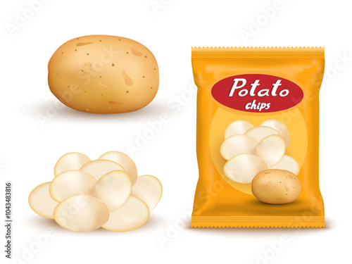Realistic mockup package of yellow chips package with label isolated on white background, foil bags with potato snack, vector illustration EPS 10.