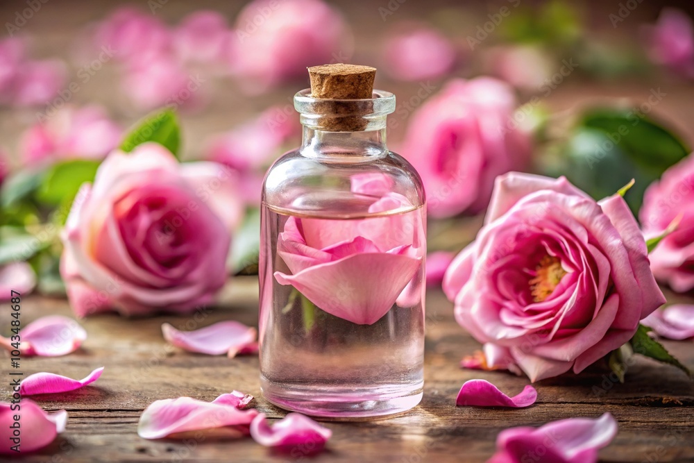 Rosewater bottle with pink rose petals macro shot Rosewater bottle with pink rose petals macro shot