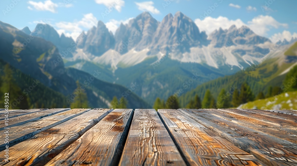 Fototapeta premium Majestic Wooden Table with Breathtaking Dolomite Mountain Landscape in the Background
