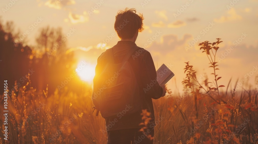 A young man stands with back facing the camera framed by the warm tones of the setting sun. holds a book in hand inspired . .