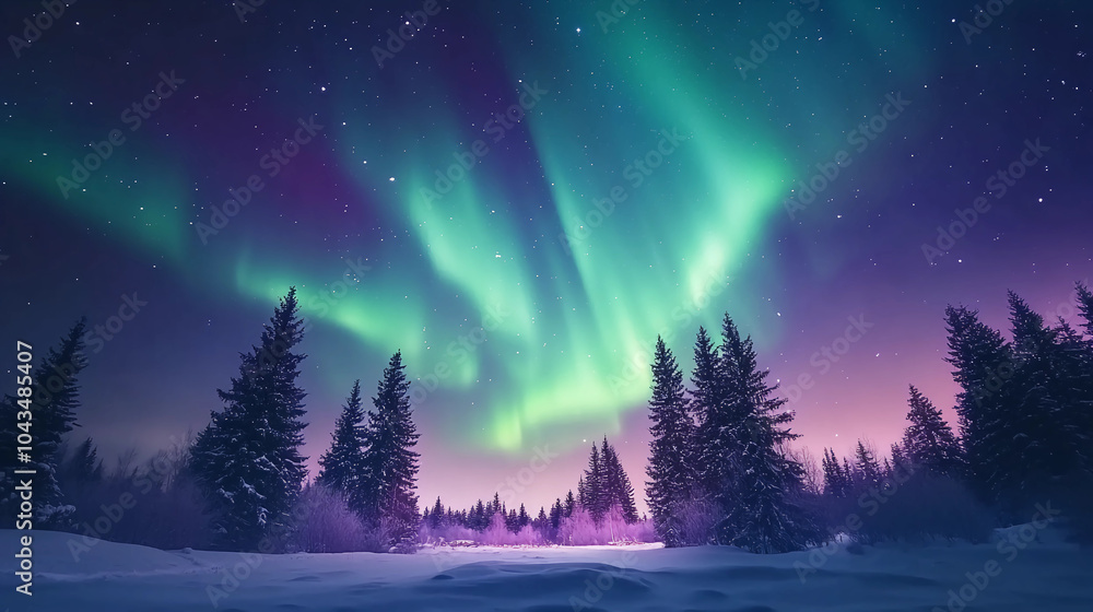 Naklejka premium Aurora Borealis Over a Snowy Forest Landscape Under a Starry Winter Sky