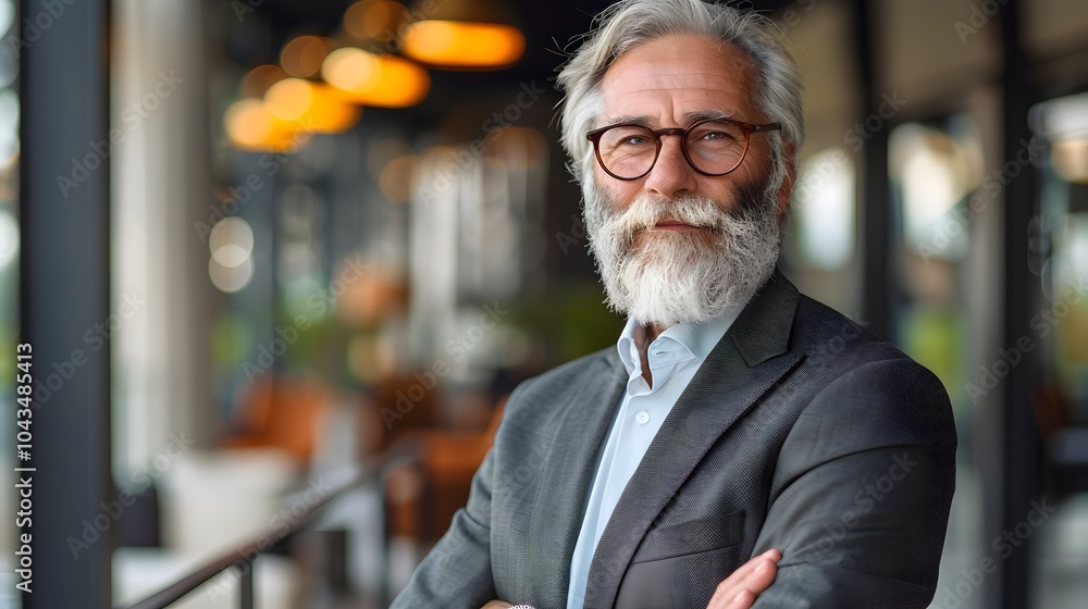 Fototapeta premium Weathered Businessman Exuding Wisdom and Authority in Corporate Environment