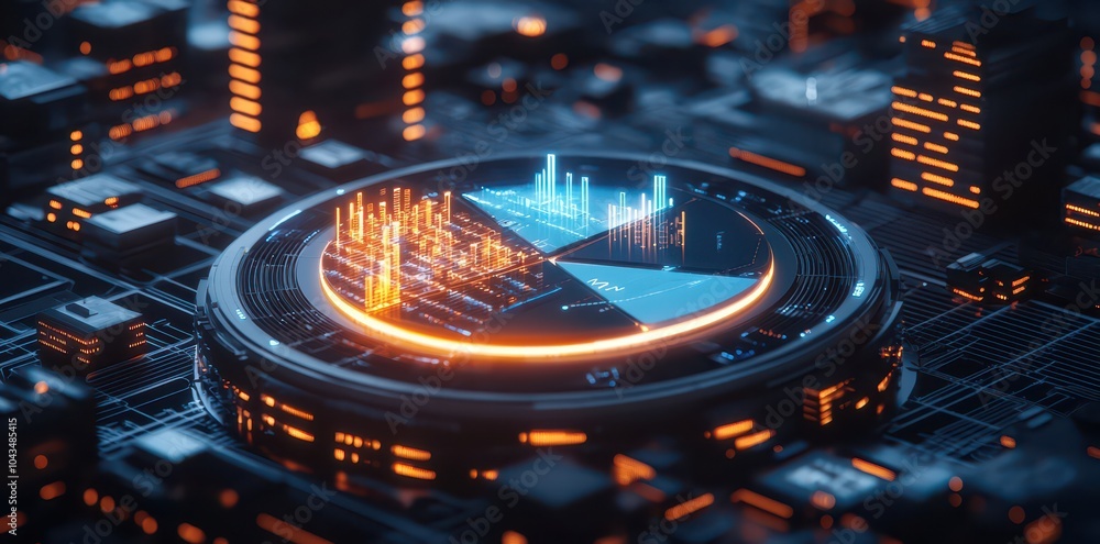 Obraz premium Glowing 3D Pie Chart Segments Floating Above a High-Tech Background, Representing Data Visualization and Analysis