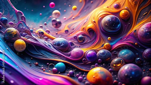 Abstract Minimalist Fluid Art with Colorful Waves and Bubbles in Purple, Pink, Blue, and Yellow on Dark Background