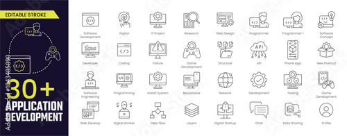 App Development Stroke icon collections. Containing Software Development, Research, Web Design, Programmer, Developer, Coding, API, App and Software Engineering icons. Editable Stroke icon collection.
