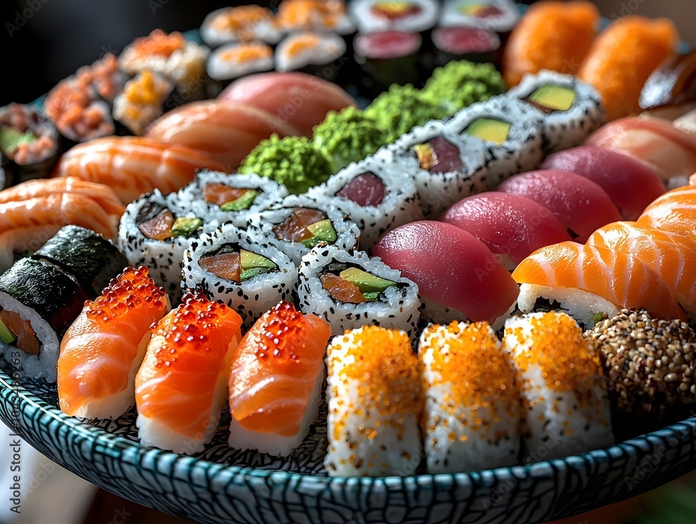 A vibrant assortment of sushi featuring various rolls, including salmon, tuna, avocado, and more, beautifully arranged on a decorative platter. A vibrant assortment of sushi featuring various rolls, including salmon, tuna, avocado, and more, beautifully arranged on a decorative platter.